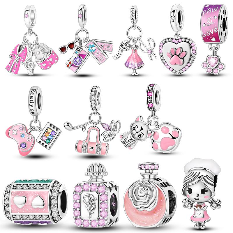 New Copper Charms Beads Pink Series Perfume Cake Princess Skirt Pendant Fit Original Bracelet Diy Jewelry Gifts