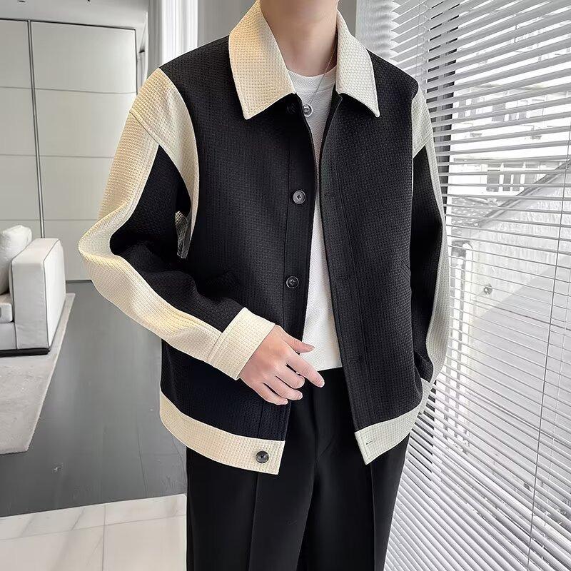 Men's Color Block Lapel Jacket - Korean Casual, Spring/Autumn Patchwork, Trendy High-End Feel