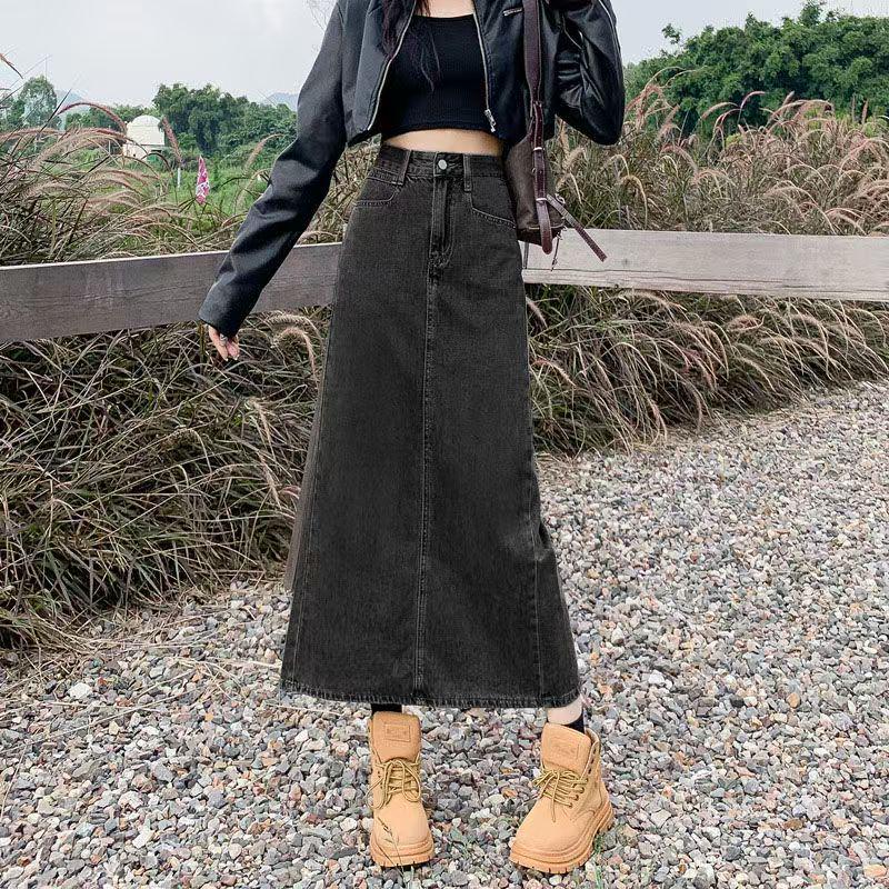 High-Waisted Midi Denim Bodycon Skirt: Women's 2025 A-Line Fashion with Slit