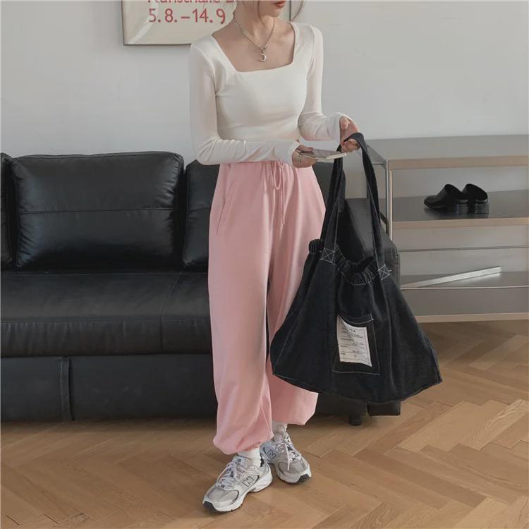 Damski crop top slim-fit 2025: Kwadratowy dekolt z długim rękawem, styl koreański na wiosnę i jesień