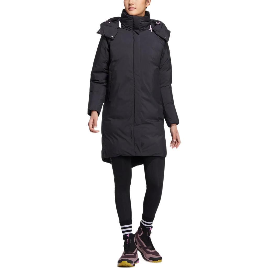 Adidas Dámská středně dlouhá péřová bunda s potiskem loga v jednobarevném provedení, vrchní oděv, černá HN2115
