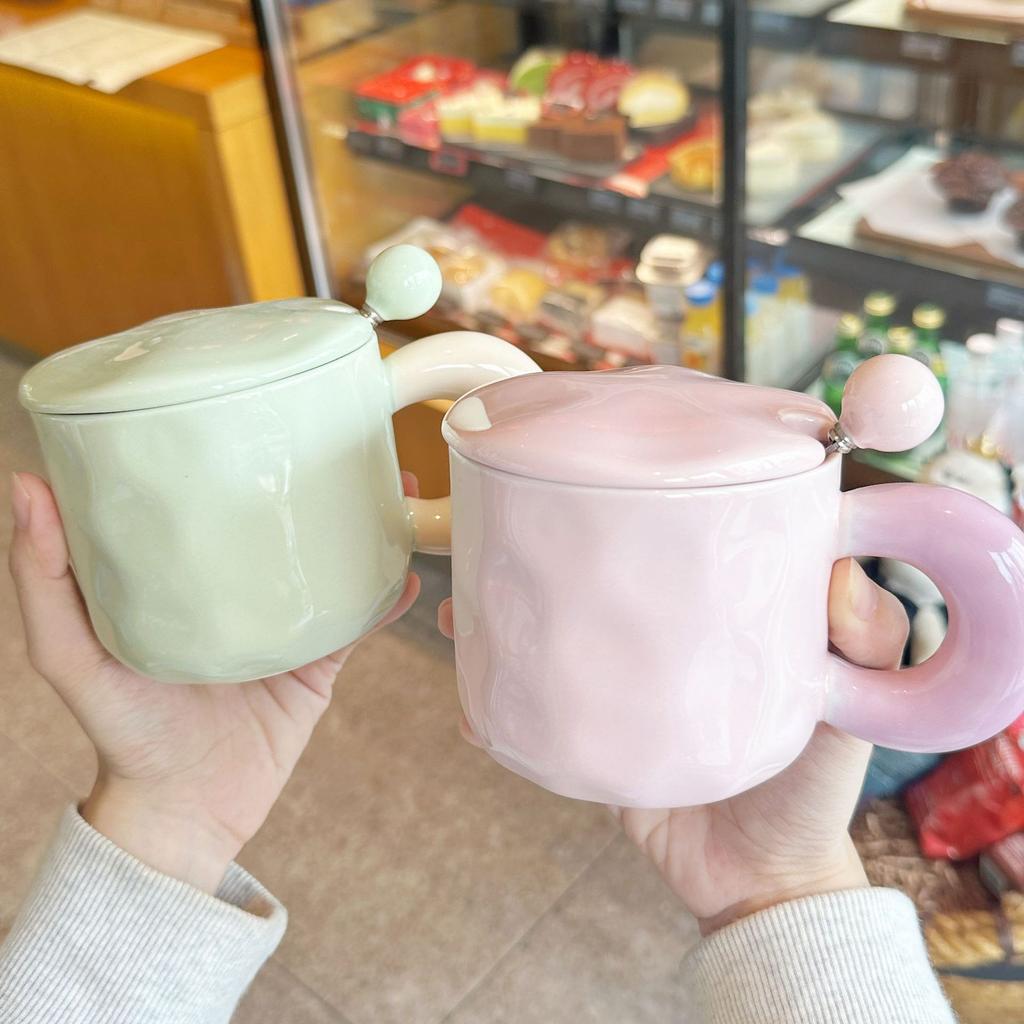 Milk Fufu Contrasting Color Mug Girls High Value Cup Household Drinking Water Ceramic Cup With Lid And Spoon Couple Water Cup
