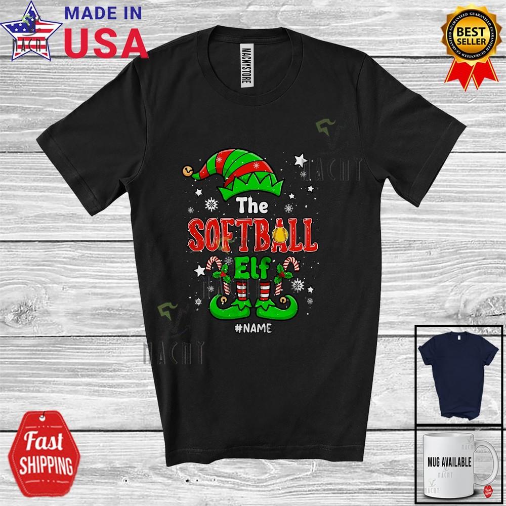 

Custom Name The Softball Elf Wonderful Christmas Family Sport Player T-Shirt XL