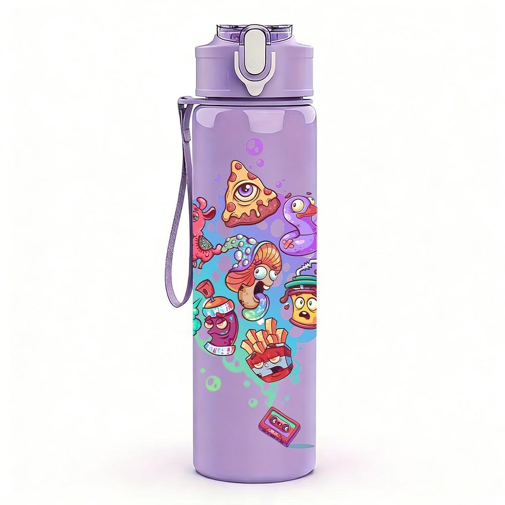 1PC Colorful Doodle Collage Art Pattern 750ml Color Plastic Sports Water Bottle Leakproof Flip Straw Lid Suitable for Sports Office Home Use
