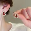 Red Bow Coin Purse Earrings: Silver Needle Retro Snake Lock Studs, New Year High-End Ear Jewelry.