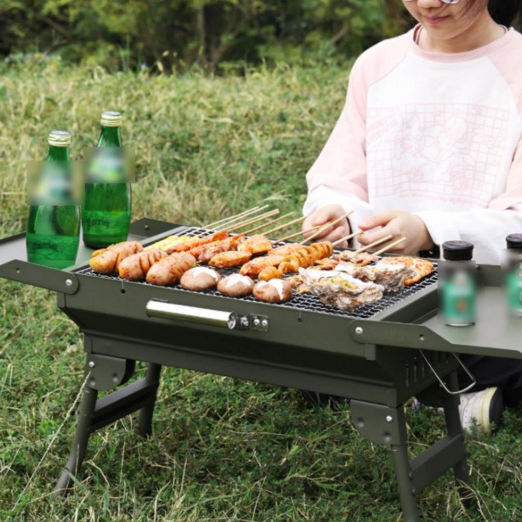 Foldable Portable Briquette Grill Metal with Side Tables Easy Setup