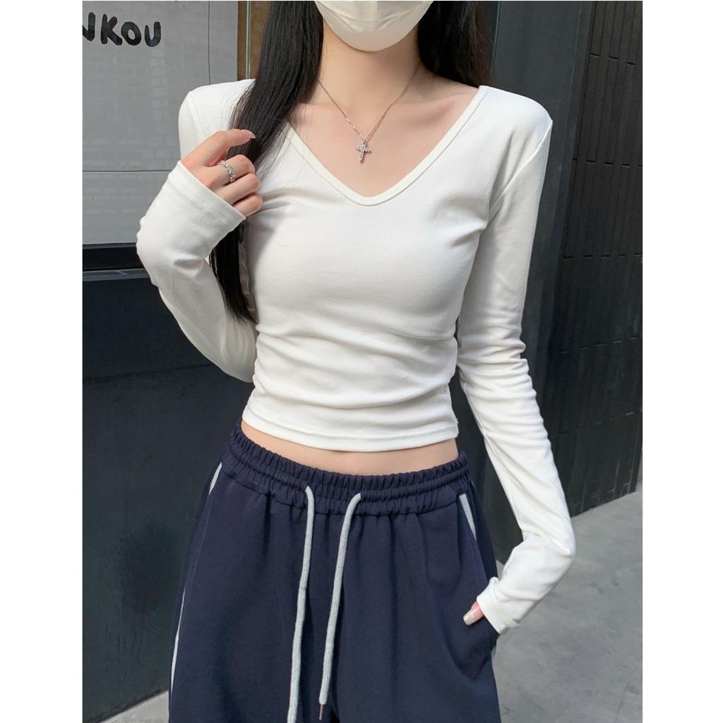Spice Girl Collar Slim-fitting Long-sleeved T-shirt Women's Spring Front Shoulder Thin Inner Short Top Simple Bottoming Shirt