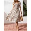 Mode Kurzarm Sommerkleid mit Blumendruck Sexy Rüschen Quadratischer Ausschnitt Elegant Plissiert A-Linie Partykleider Lässig Locker Slim Urlaubskleidung