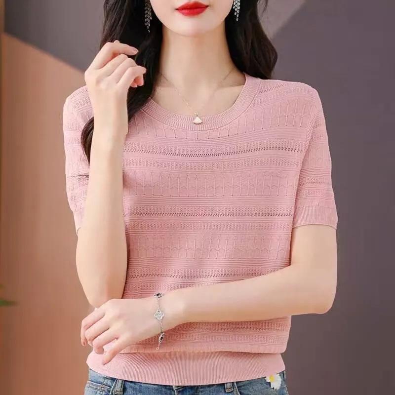 Women Round Neck Hollow Striped Knit T-shirt Short Sleeve Thin Summer Casual Knitted Blouse Tops