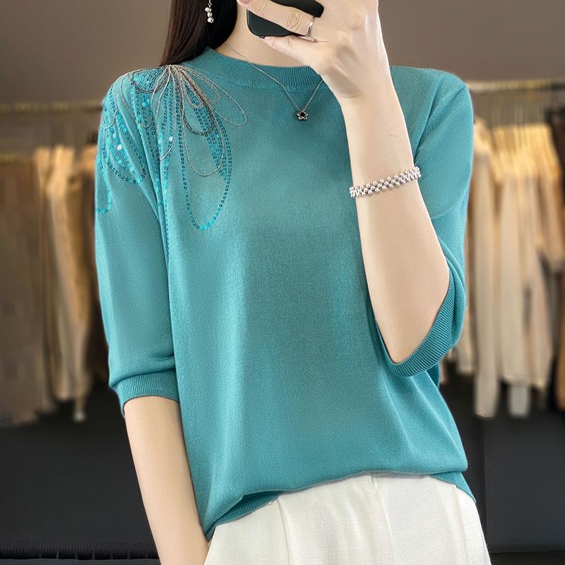 Dámské letní tričko s krátkým rukávem 50% směs morušového hedvábí a polyesteru | Lehký, prodyšný, ležérní top Slim Fit