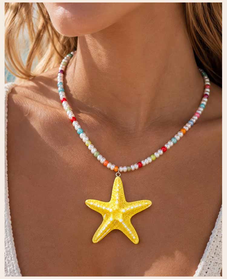 Large Resin Starfish Pendant Necklace for Women, Colorful Glass Beaded Choker, Boho Beach Statement Jewelry