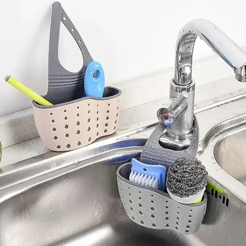 Home Storage Cestello di scarico Supporto per lavello da cucina Mensola per sapone e spugna regolabile Cestello di scarico appeso Borsa Accessori da cucina