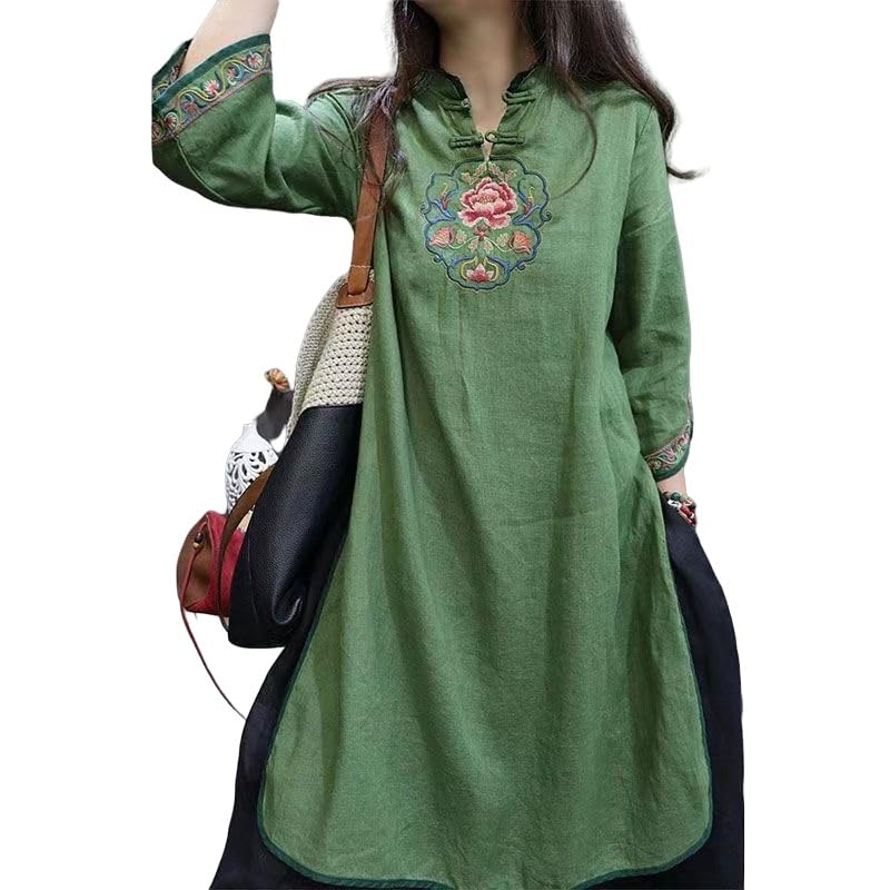 KEWJYUE Chinese Style Long Sleeve Stand Collar Cheongsam Embroidery Solid Color Lightweight Shirt Loose Everyday Wear Women's Cotton-Linen Dress, Fit,