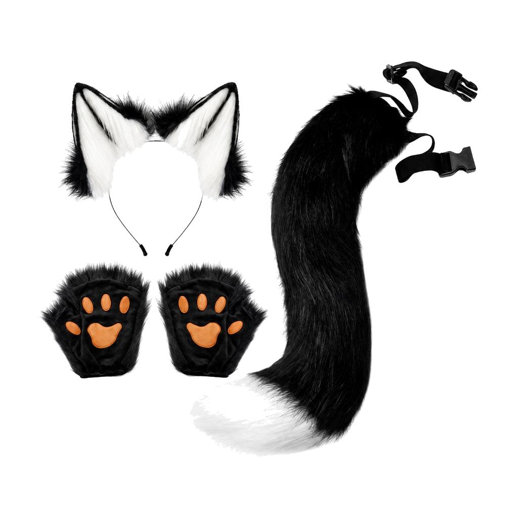 Animal Ear Headband and Tail Costume Set Plushy Soft Animal Cosplay Accessory Set with Adjustable Tail Strap Easy to Wear