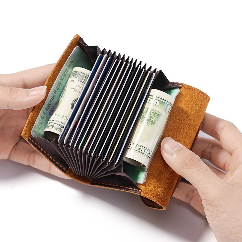 Vintage Crazy Horse Leather Card Holder for Women, Men Retro Accordion Design Snap Closure Wallet with Multi-Card Slots Unisex
