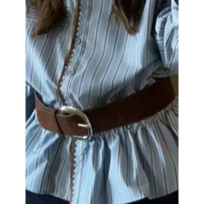 Тонкая рубашка с длинным рукавом в французском стиле: Полосатая Ткань с Вышивкой Ракушками и Эластичной Лентой, Элегантный Дизайн для Женщин Medium