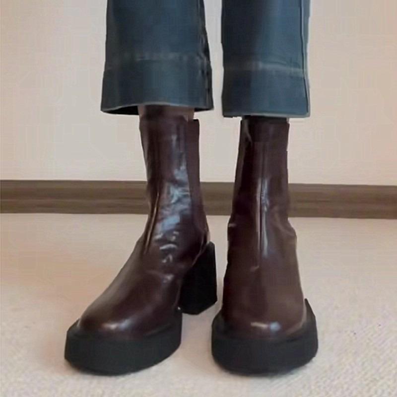 Cowhide Version~ Leather Platform Short Boots Women's Autumn and Winter Retro Chelsea Boots Thick Heel Thin Boots Martin Boots