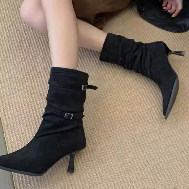 Women's Autumn New Sexy Pointed Designer High Boots  Daily Versatile Skirt with A Slip-on Buckle Mid-calf Boots Large Size