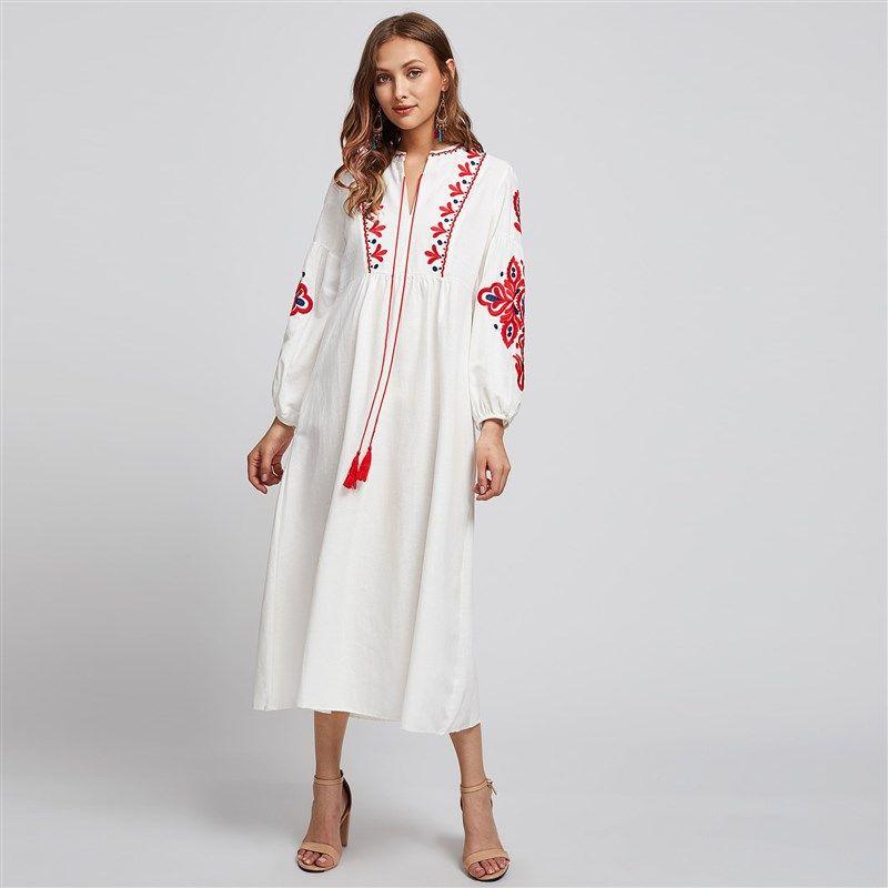 

Z1Arab National Style Womens Midi Long Dress Autumn New Em White All yards