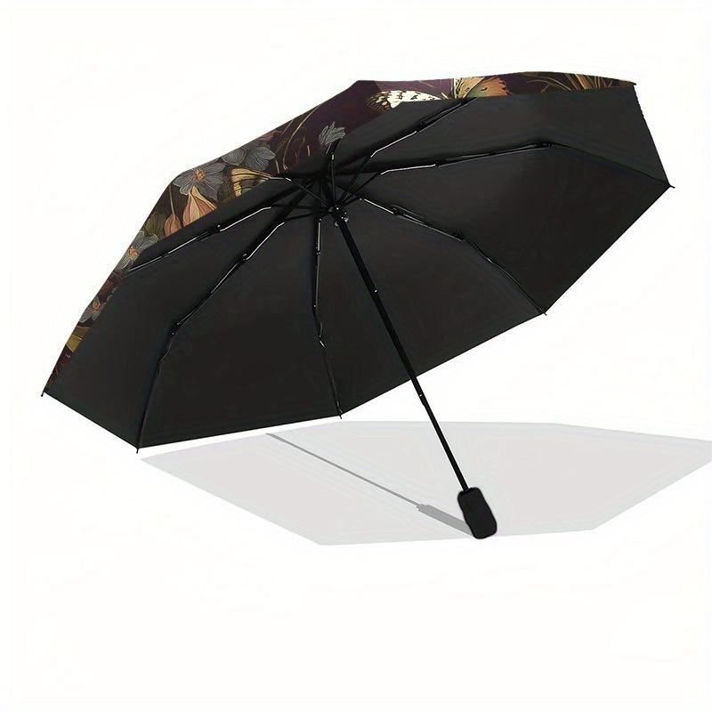 Vintage Floral Butterfly Circular Wall Art Decor Umbrella, Cute Umbrella with Cute Design, Portable 3-Fold Compact Umbrella for Men & Women, Valentine
