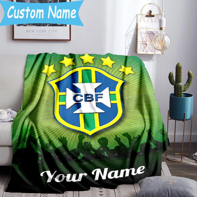 Custom Name Brazilian Football Federation Emblem Flannel Blanket, Use for Birthday/Holiday Gift, Soft Blanket for Sofa/Bed/Camping/Office, Home Decor