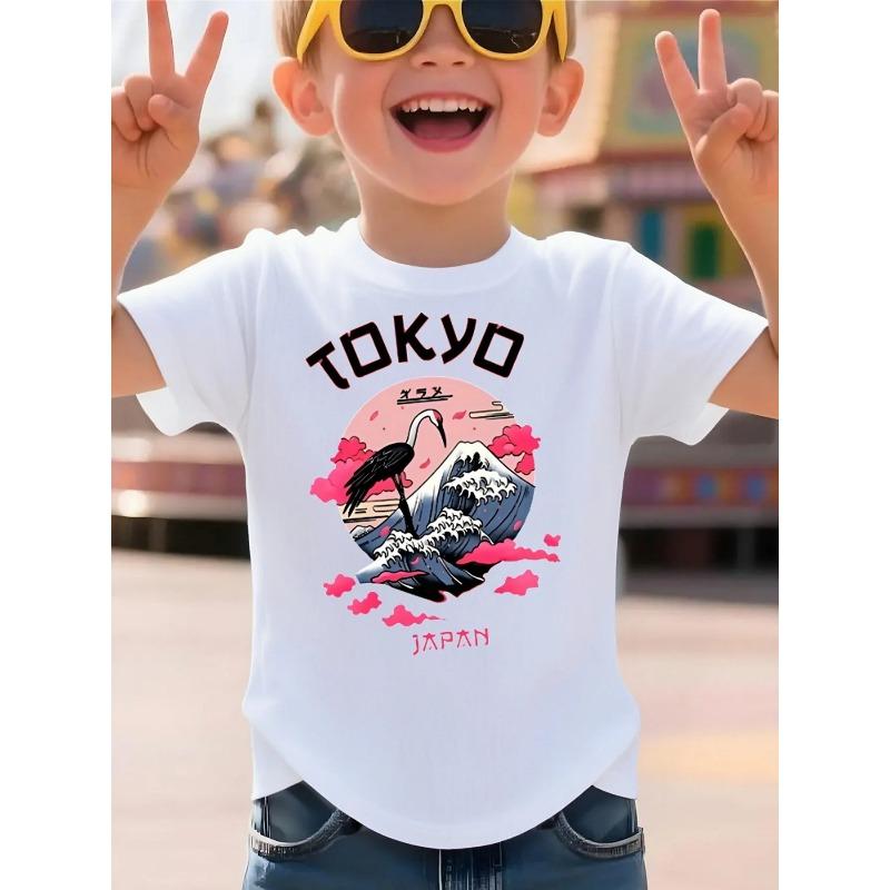 Boys Summer Crew Neck Short Sleeve T-Shirt with Artistic Crane Print 110