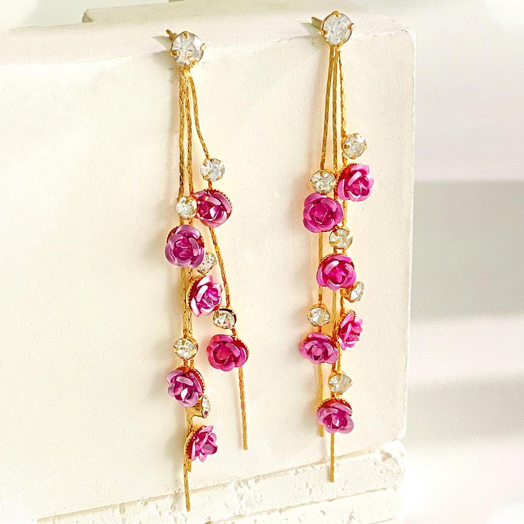 Luxury Flower Leaf Crystal Tassel Long Pendant Stud Earrings for Women Romantic Sweet Dangle Earrings Jewellery Accessory Gifts
