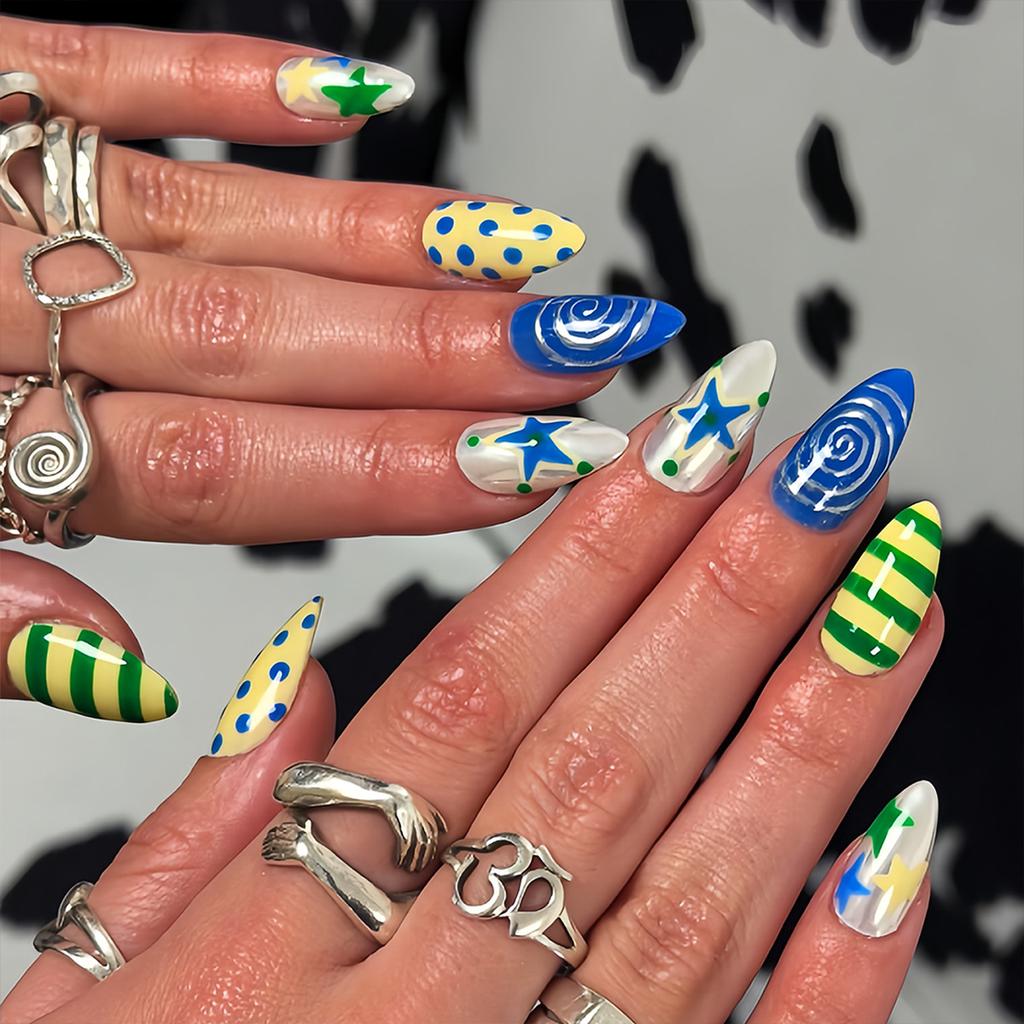24PCS Colorful Stripes Y2k Almond Press on Nails Summer Yellow French Acrylic Nails Sweet Cool Silver Polka Dots Star Fake Nails
