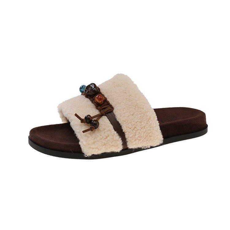 [Ushilai] 2025 autumn new lamb wool slippers women's one-word versatile flat-bottomed non-slip outer slippers