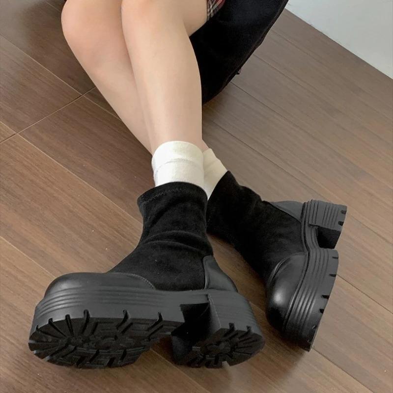 Vintage Platform Thick Sole Woman Ankle Boots Design Back Zippers Shoes Autumn Winter Slim Height Increase Short Botas