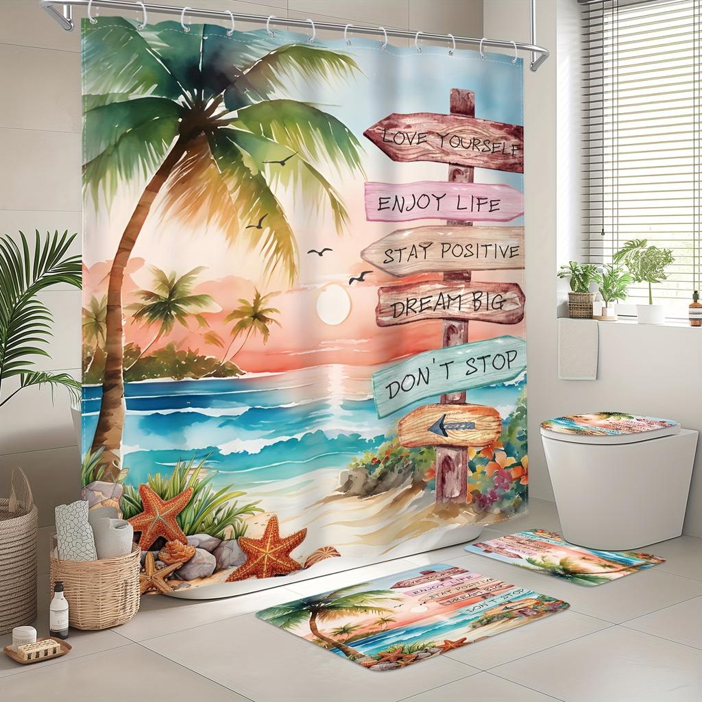 4Pcs Bathroom Shower Curtain Set Colorful Tropical Palm TreesPattern Bathroom Curtain With 12 Hooks Non Slip Rugs Toilet Cover Mat Bathroom Partition