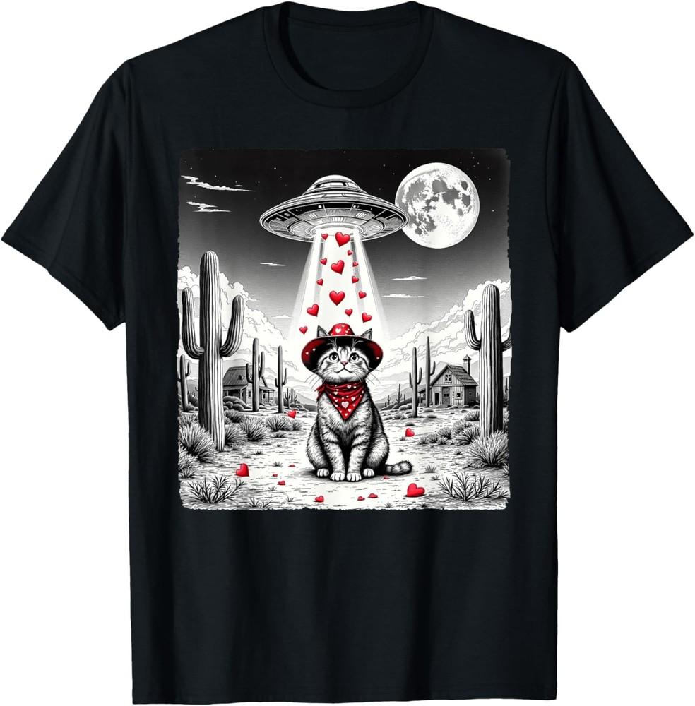 Cowboy Cat UFO Meme Funny Cat UFOs Valentine s Day Cat Lover T-Shirt Unisex T-Shirt XXL