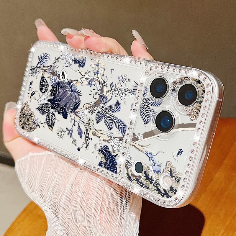 Creative Flower Printed Bling Diamond Case For iPhone 17 Pro Max 16 15 14 13 Pro Max Shockproof Soft Silicone Clear Phone Cover