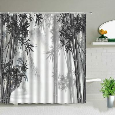 Chinese Style Ink Painting Bamboo Landscape Shower Curtain Flower Bird Scenery Bathroom Waterproof Cloth Bath Curtains With Ho