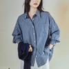 Blue Striped Shirt Women's Long Sleeves Knitted Shawl Top Spring Design Women's Shirt