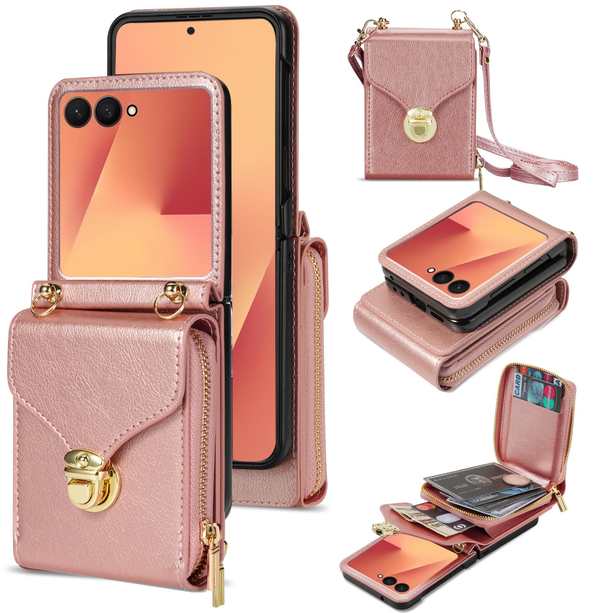 

For Samsung Galaxy Z Flip7 5G Case Zipper Wallet PU Leather TPU PC Phone Cover with Shoulder Strap Rose Gold