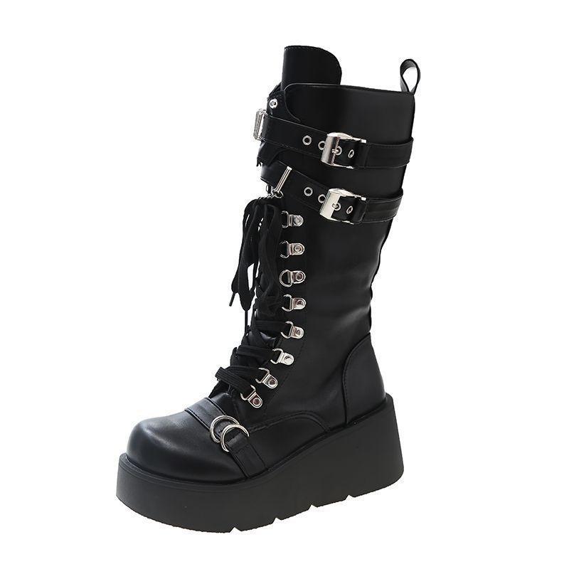 Sweet Cool Spice Girl Metal Punk Style Platform Locomotive Boots Women's New Slope Heel Tall Knight Boots