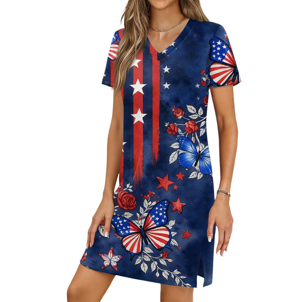 Women's Casual V-neck Short Sleeve Split Hem Independence Day Printed Dress