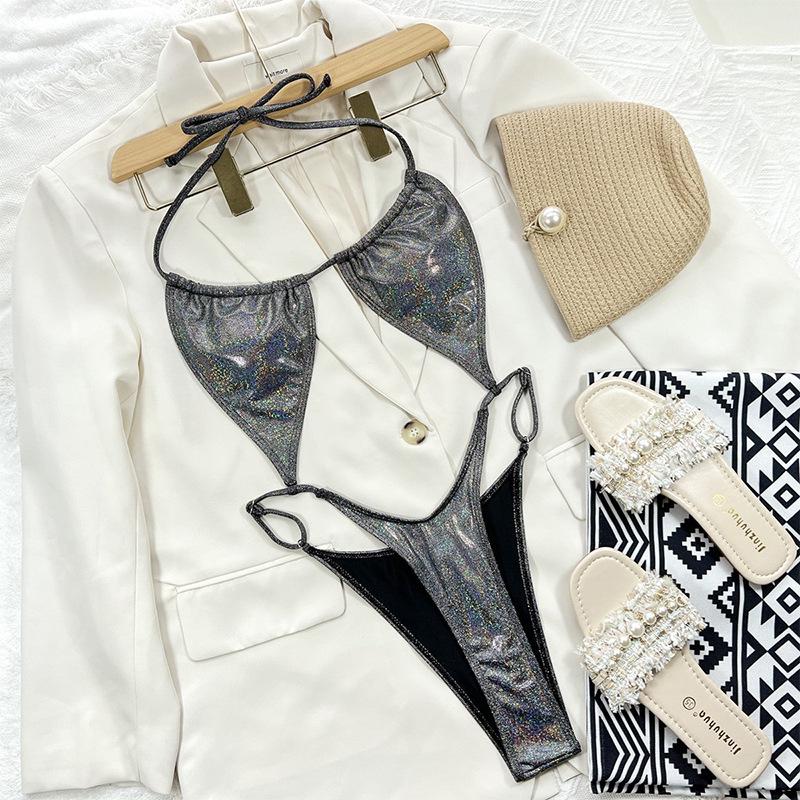 

Европейский и американский хит продаж женский сексуальный блестящий однотонный купальник бикини с халтером Large