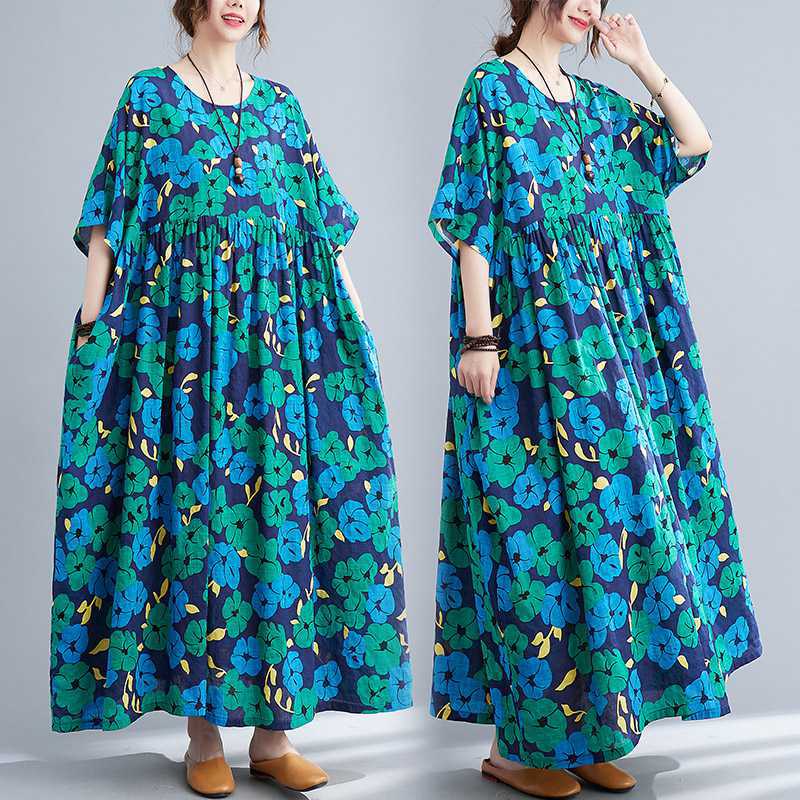 Summer New Literary Large Size Loose and Large Printed Round Neck Short Sleeve Dresses
