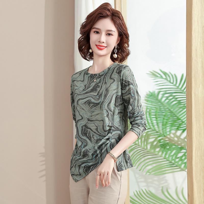 2025 Spring Irregular Long Sleeve T-shirt for Mothers, Fashionable 40s-50s Base Layer Top