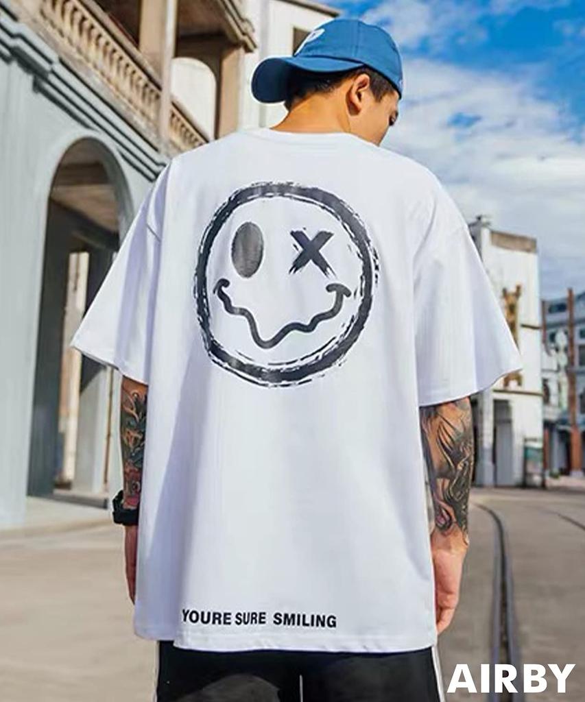 Short Sleeve Cut and Back Short Round American Back [Airby] Men's T-Shirt, T-Shirt, Sewn, Smile, Print, Sleeve, Pattern, Oversized, Big, Character,