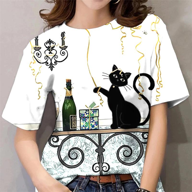 2025 T-Shirt For Women Kawaii Cat Print Tops Summer Oversized Tshirts Womens Clothes O-Neck Tees Female Clothing Fashion Blouse