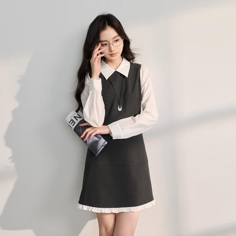 Sancai 2026 Spring Lapel Faux Two-Piece A-Line Dress