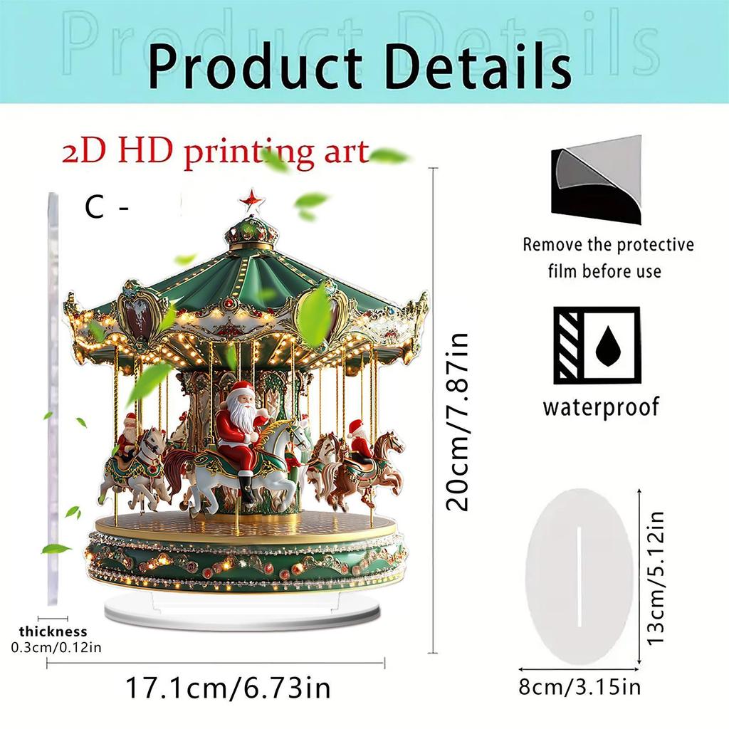 Christmas Carousel Acrylic 2D Home Decor with Santa Claus Go Round Merry Christmas Scene Figurine for Shelf Window Cafe Bedroom
