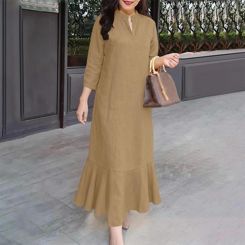 ZANZEA Women Casual V-Neck 3/4 Sleeve Solid Color Long Dress
