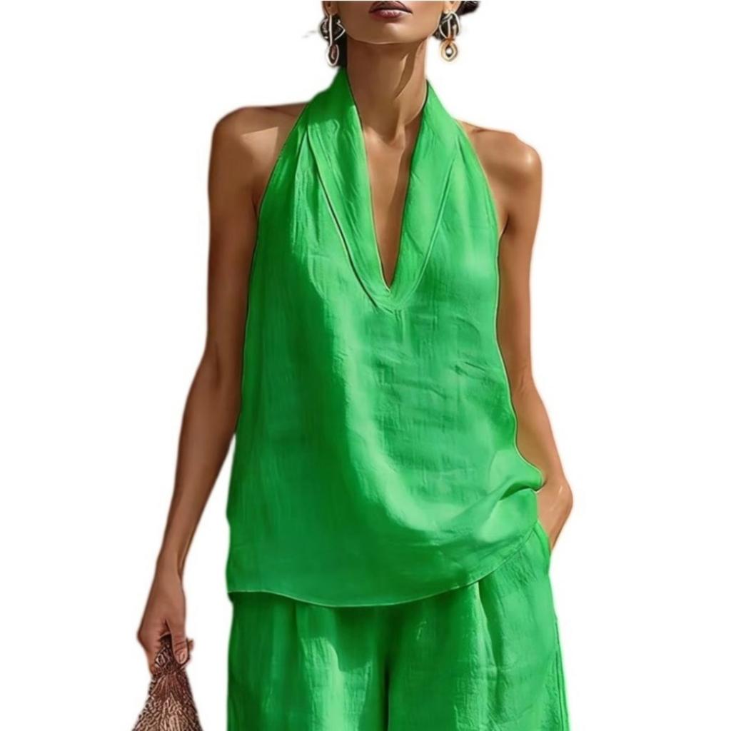 Dameslosse Pasvorm V-hals Halterhals Mouwloos Effen Kleur Katoen Linnen Tanktop Zomer Casual Blouse