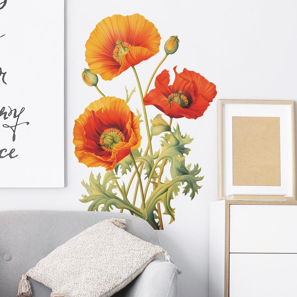 Hand-Painted Poppy Flower Wall Sticker Self-Adhesive for Study Bedroom Living Room Home Decoration