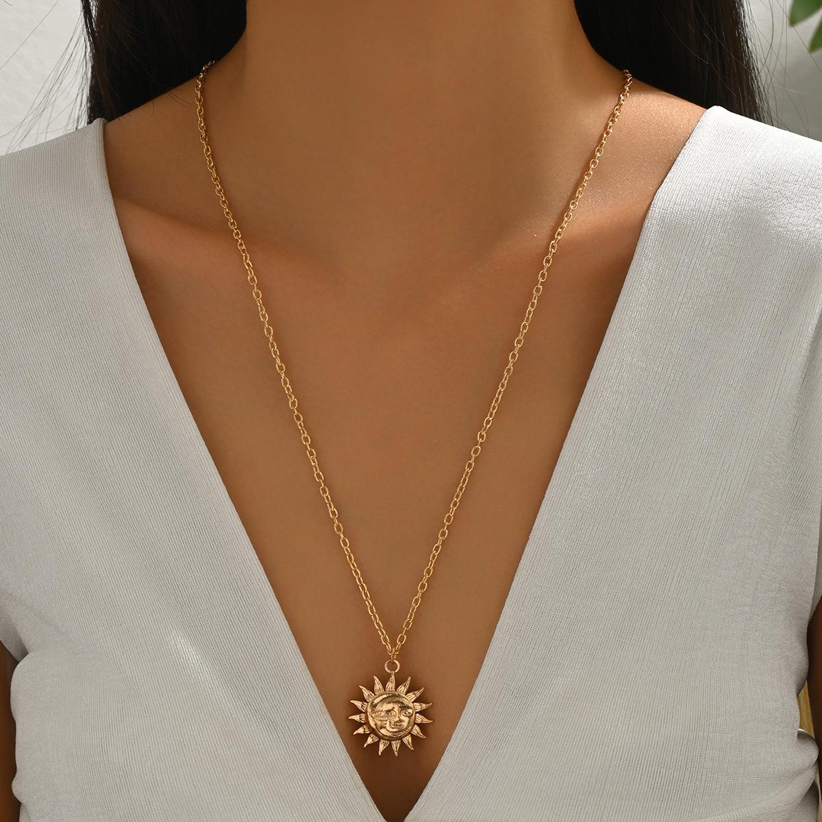 Vintage necklace, sunflower jewelry, super long face pendant, trendy women s collarbone chain.
