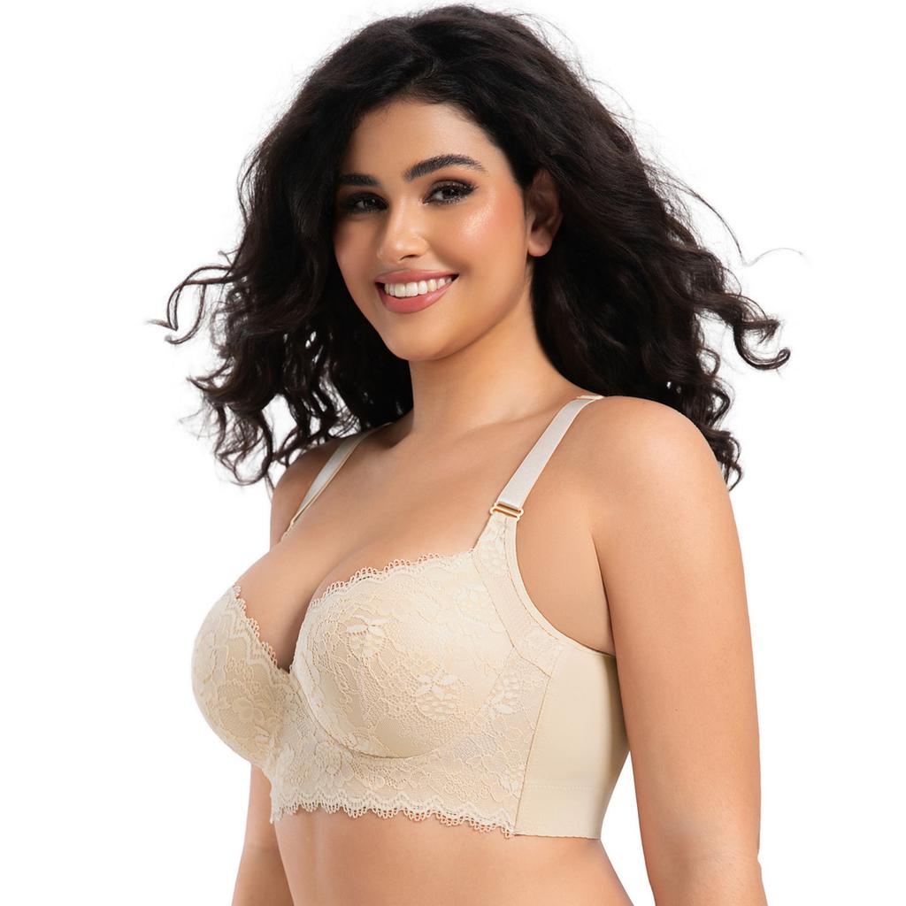Large Size Thin Cup Lace Underwear for Women with Side Breast Adjustment and Underwire Bra